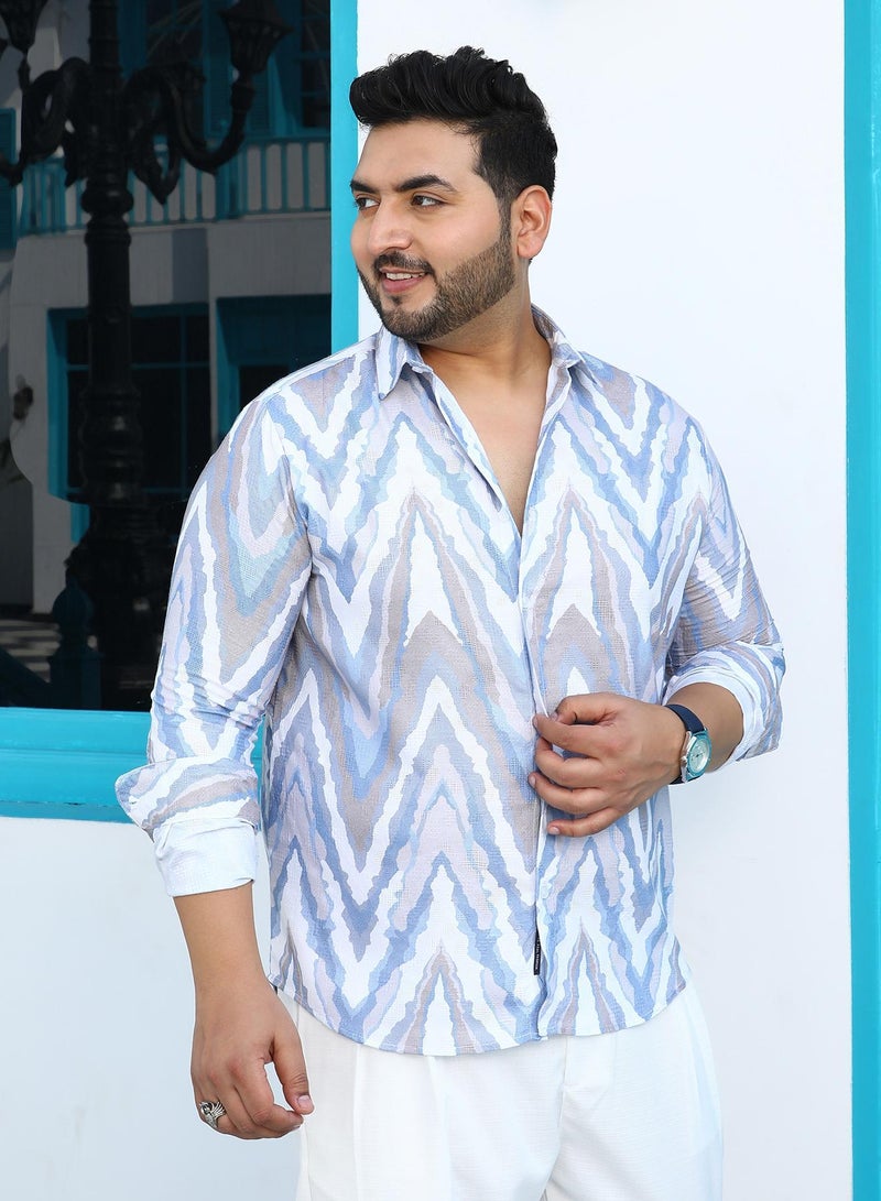 Instafab Plus Men's Slate Blue & Coin Grey Chevron-Dye Shirt For Casual Wear | Spread Collar | Long Cuffed Sleeves | Button Closure | Plus Size Shirt Crafted With Comfort Fit For Everyday Wear - Image 2
