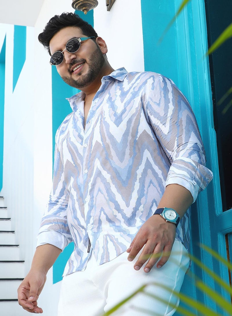 Instafab Plus Men's Slate Blue & Coin Grey Chevron-Dye Shirt For Casual Wear | Spread Collar | Long Cuffed Sleeves | Button Closure | Plus Size Shirt Crafted With Comfort Fit For Everyday Wear - Image 1