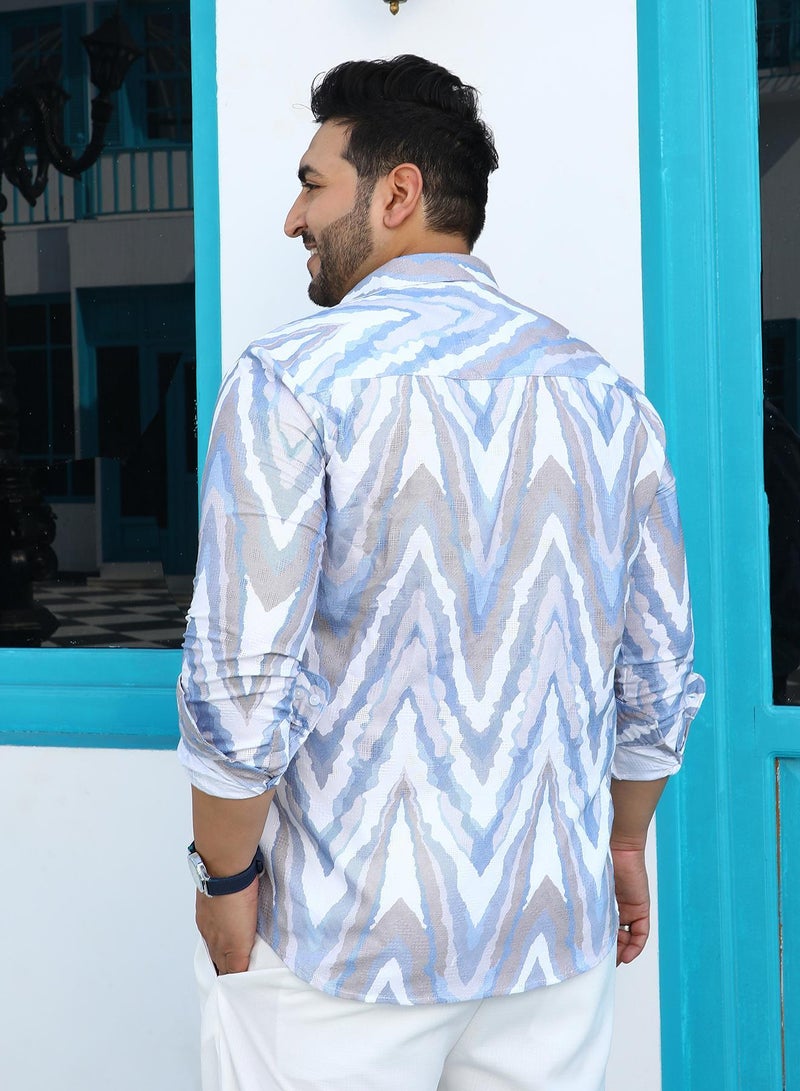 Instafab Plus Men's Slate Blue & Coin Grey Chevron-Dye Shirt For Casual Wear | Spread Collar | Long Cuffed Sleeves | Button Closure | Plus Size Shirt Crafted With Comfort Fit For Everyday Wear - Image 5