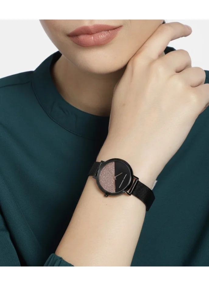 French Connection Black Dial Black Stainless Steel Mesh Bracelet Analog Watch for Women 35mm