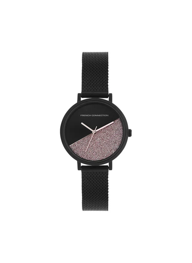فرنش كونكشن Women's Analog Watch with Black Stainless Steel Mesh Bracelet, Black Dial