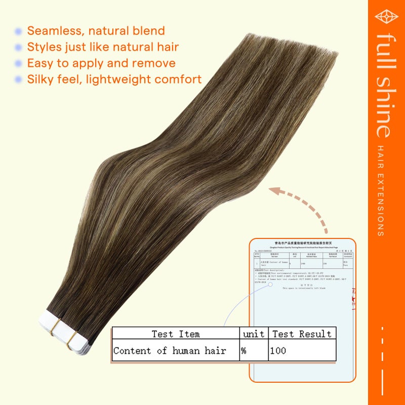 Full Shine Tape in Hair Extensions Human Hair 12Inch Invisible Hair Extensions 30G Tape in Remy Hair 4 Medium Brown Ombre 24 Blonde Highlight 4 Double Sided Tape Hair Extensions Real Human Hair 20Pcs - Image 3
