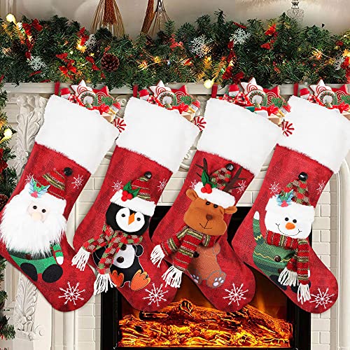 COOLWUFAN Christmas Stockings 4 Pack 19 Xmas Stockings with Snowflake Santa Snowman Reindeer Penguin and Plush Faux Fur Cuff Stockings for Stairs Fireplace Hanging Xmas Home Decor