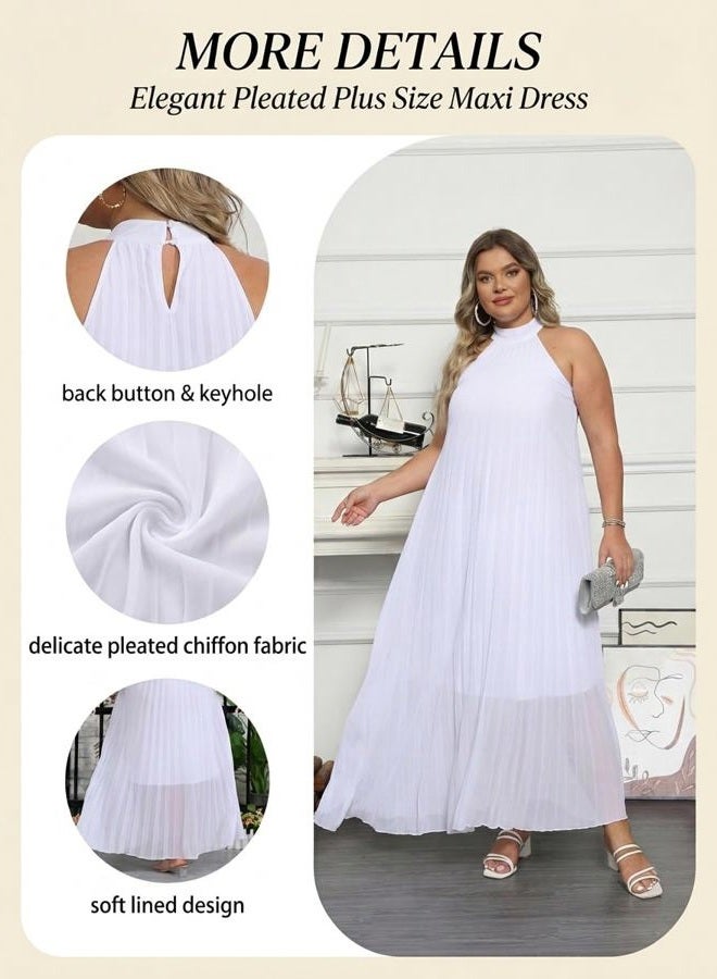 Aro Lora Womens Casual Sleeveless Plus Size Chiffon Halter Neck Pleated Loose Long Maxi Dress, White, 3XL - Image 5