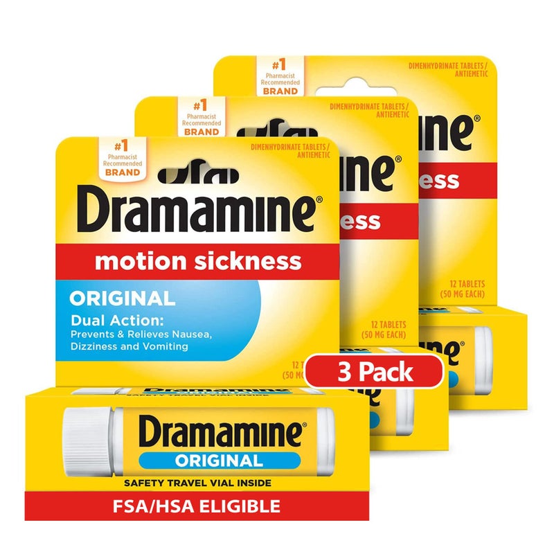 Dramamine Motion Sickness Original Travel Vial 12 Count 3 Pack