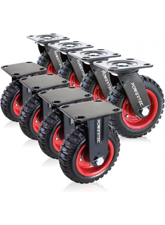 POWERTEC POWERTEC 8" Heavy Duty Caster Wheels Set of 8 (4 Swivel & 4 Fixed), Pneumatic Plate Casters w/Rubber Knobby Tread for Workbench, Dolly, Cart, Trolley, Wagon & Chicken Coop, Large Castor Wheels  - Image 1