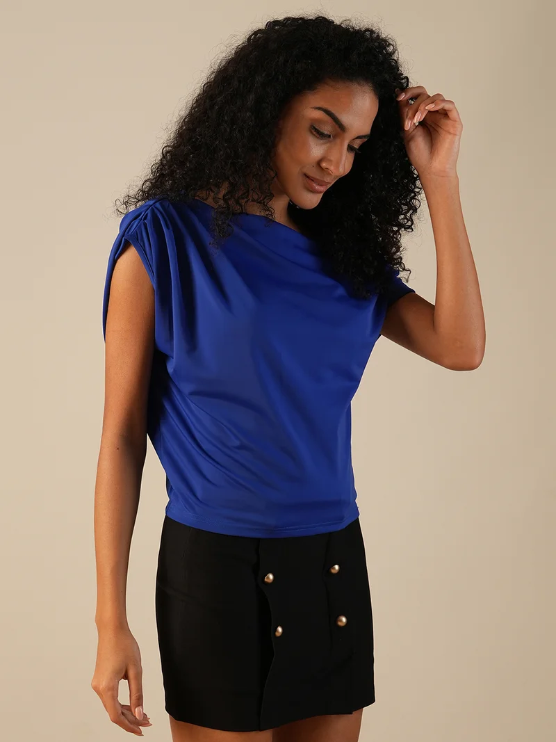 جلو باص Women One Shoulder Extended Sleeve Solid Gather Detail Party Top