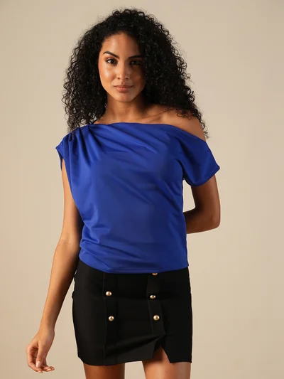 globus Women One Shoulder Extended Sleeve Solid Gather Detail Party Top