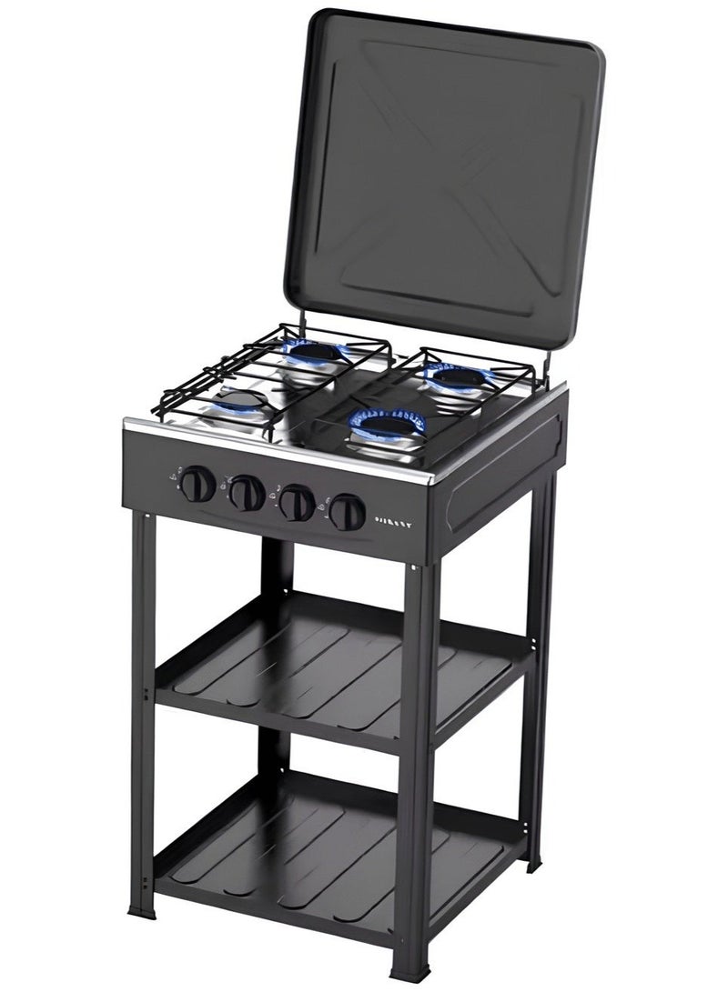 Denx Gas Stove with electronic ignition, built-in stand and double shelves, heavy-duty black painted body - Image 1