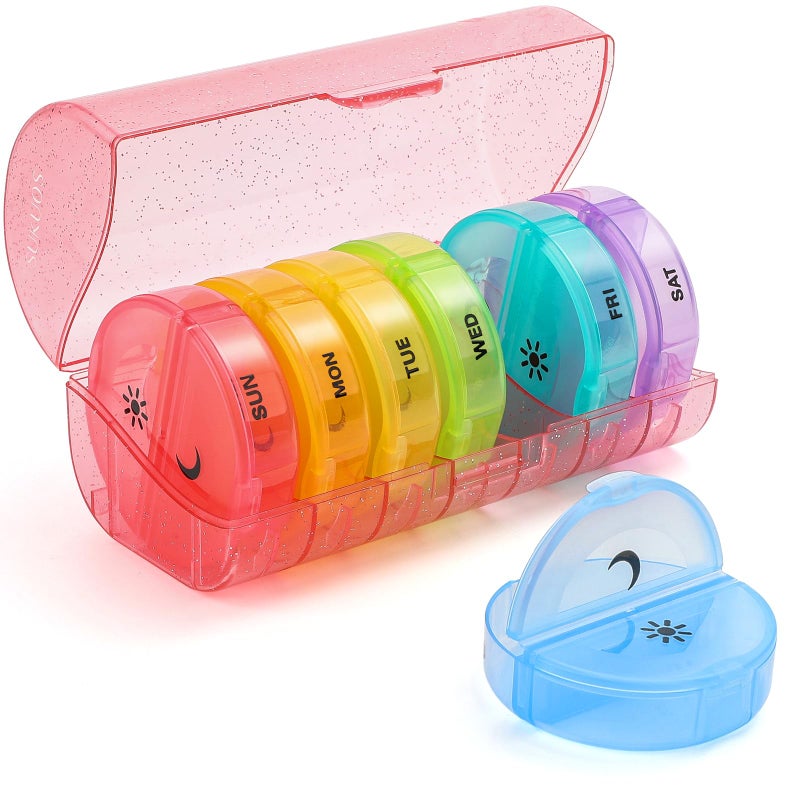 Sukuos Large Weekly Pill Organizer 2 Times a Day, Daily Pill Box 7 Day Easy to Open with Double Protection, AM PM Pill Case for Medicine/Vitamin/Fish Oil/Supplements (Glitter Pink) - Image 1
