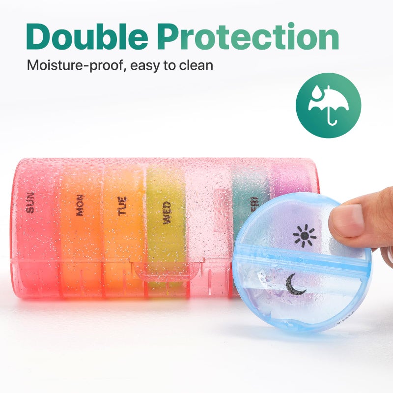 Sukuos Large Weekly Pill Organizer 2 Times a Day, Daily Pill Box 7 Day Easy to Open with Double Protection, AM PM Pill Case for Medicine/Vitamin/Fish Oil/Supplements (Glitter Pink) - Image 4