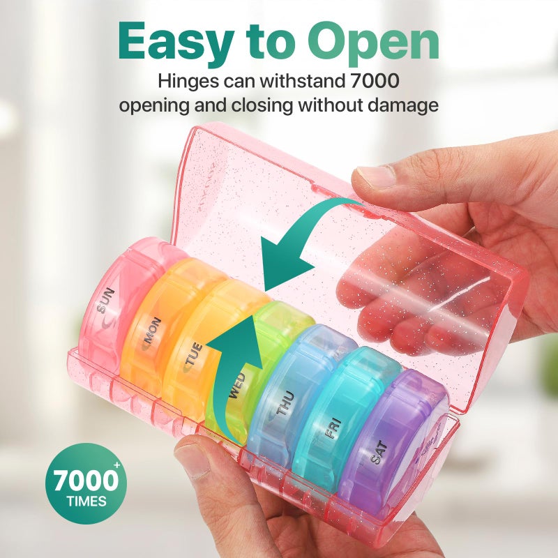 Sukuos Large Weekly Pill Organizer 2 Times a Day, Daily Pill Box 7 Day Easy to Open with Double Protection, AM PM Pill Case for Medicine/Vitamin/Fish Oil/Supplements (Glitter Pink) - Image 2