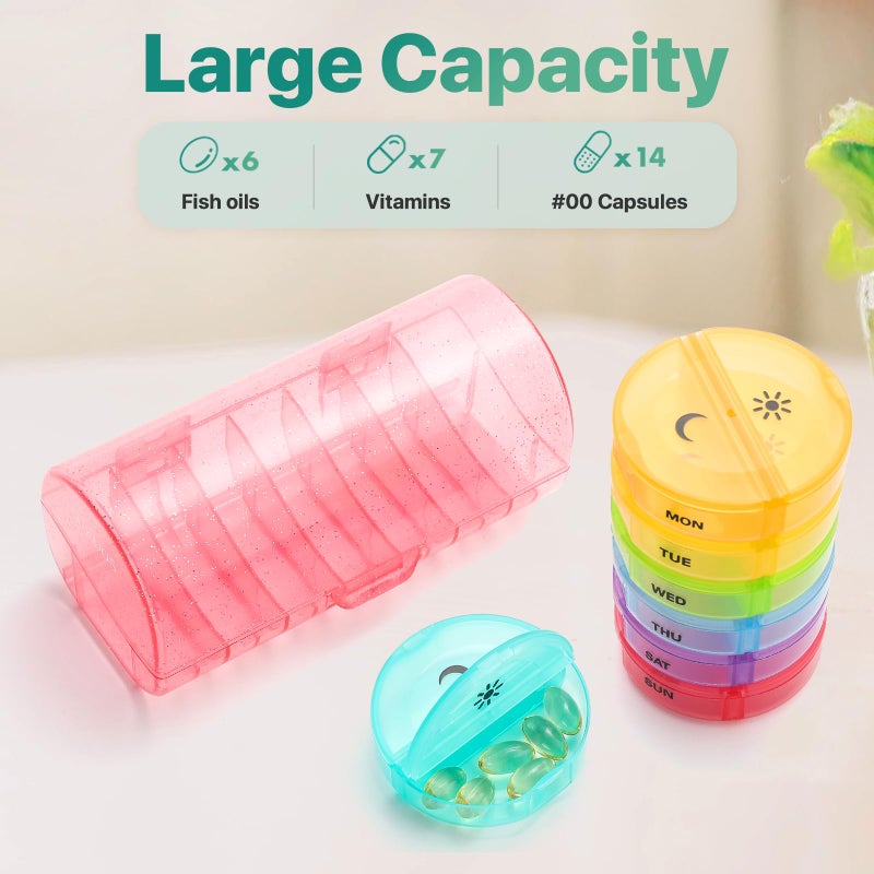 Sukuos Large Weekly Pill Organizer 2 Times a Day, Daily Pill Box 7 Day Easy to Open with Double Protection, AM PM Pill Case for Medicine/Vitamin/Fish Oil/Supplements (Glitter Pink) - Image 3