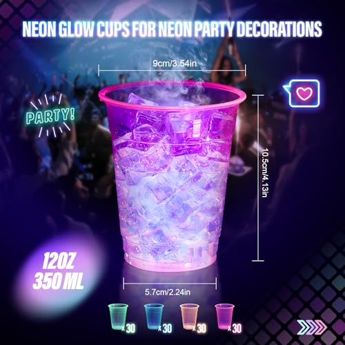 KesaPlan 120 PCS Plastic Neon Cups, 12 OZ Disposable Glow Cups Under UV Black Light for Neon Party Decorations, Colorful Glow in the Dark for Rave Party Christmas Thanksgiving Halloween Holidays - Image 2