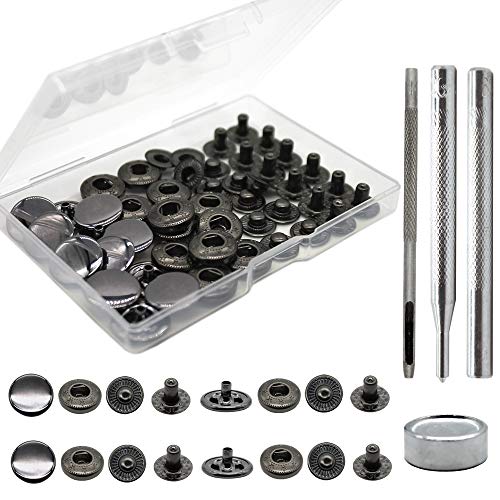 Raydodo 12 Set Leather Snap Fasteners Kit, 15mm Metal Snap Buttons Kit Press Studs with 4 Install Tools, Rivets and Snaps for Clothing, Jeans, Jackets, Bracelets, Bags (Black) - Image 1