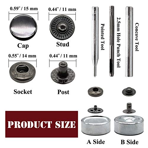 Raydodo 12 Set Leather Snap Fasteners Kit, 15mm Metal Snap Buttons Kit Press Studs with 4 Install Tools, Rivets and Snaps for Clothing, Jeans, Jackets, Bracelets, Bags (Black) - Image 3