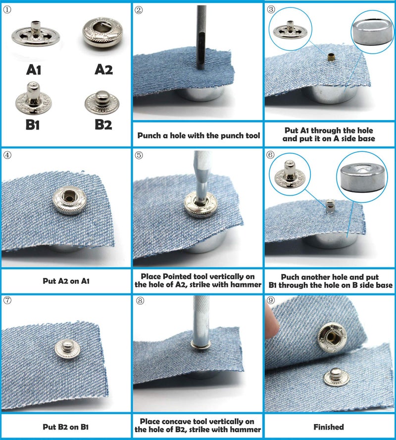 Raydodo 12 Set Leather Snap Fasteners Kit, 15mm Metal Snap Buttons Kit Press Studs with 4 Install Tools, Rivets and Snaps for Clothing, Jeans, Jackets, Bracelets, Bags (Black) - Image 4
