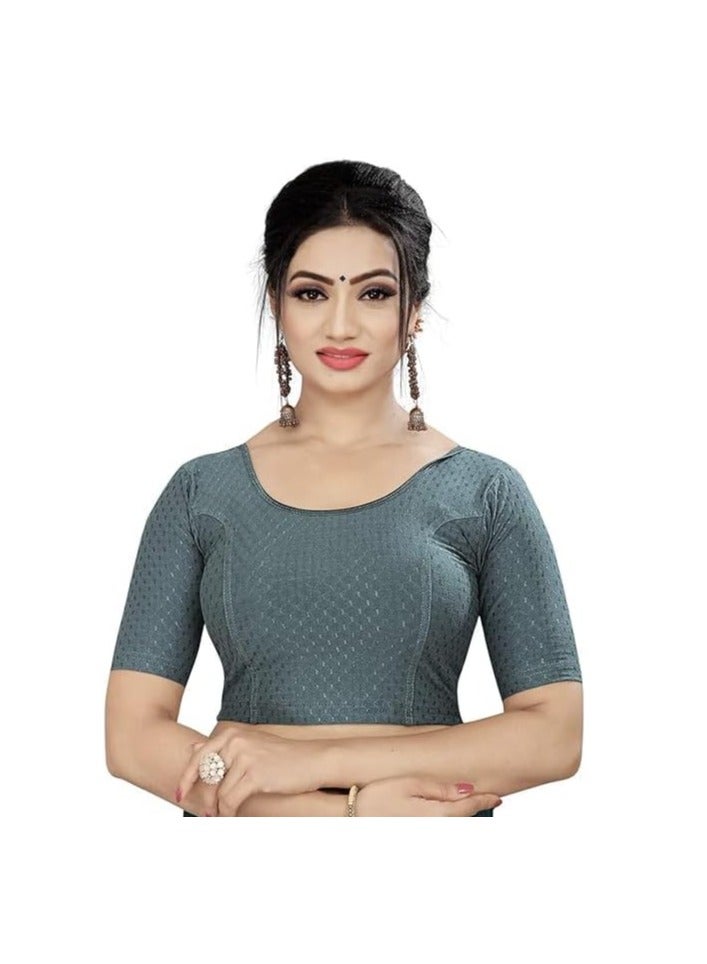 مملكة الإكسسوارات بلوزة ساري جاهزة من أكسسورايز كينجدوم برقبة دائرية وأكمام على شكل كوع من القطن والليكرا قابلة للتمدد للنساء أنيقة - Image 1