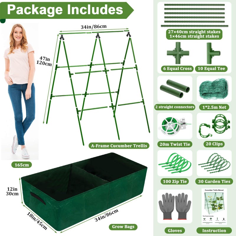 Tidponra Cucumber Trellis for Garden, 34 X 47 Inches A Frame Gardening Trellis with Fabric Raised Garden Bed, Climbing Net and Plant Support Clips for Climbing Plants - Image 2