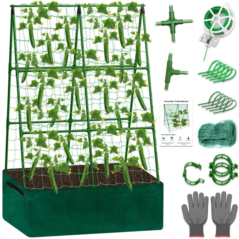 Tidponra Cucumber Trellis for Garden, 34 X 47 Inches A Frame Gardening Trellis with Fabric Raised Garden Bed, Climbing Net and Plant Support Clips for Climbing Plants - Image 1