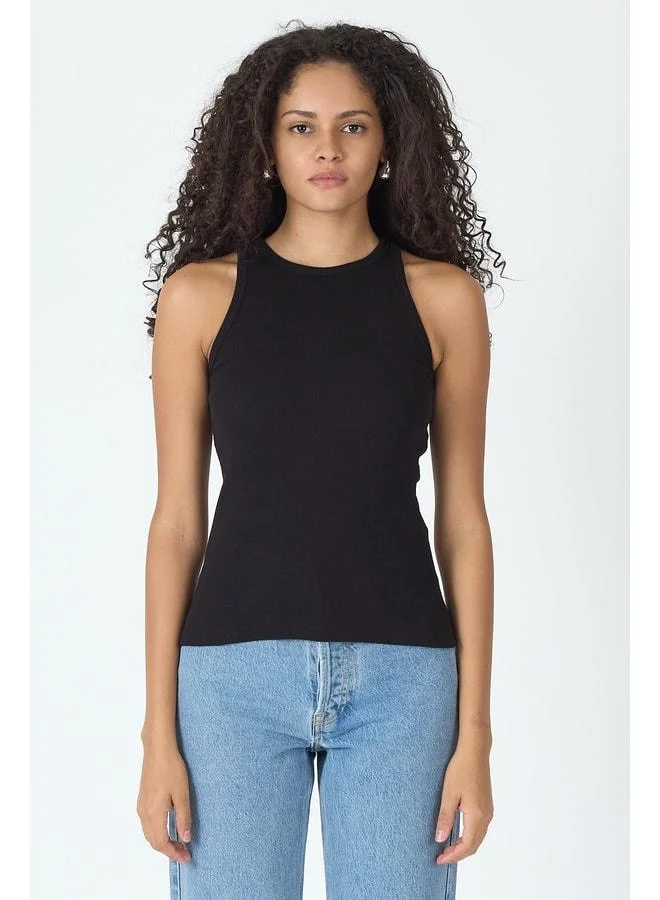 Mmetalic Ribbed Regular Fit Cotton Women’s Black Sleeveless Crew Neck Tank Top.