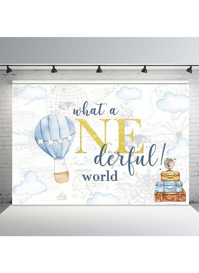 MEHOFOND 7X5Ft Adventure Happy Birthday Backdrop What A Onderful World Clouds Map Photography Backdground For Boys Happy 1St Birthday Party Banner Decorations Photo Booth Props  - Image 1