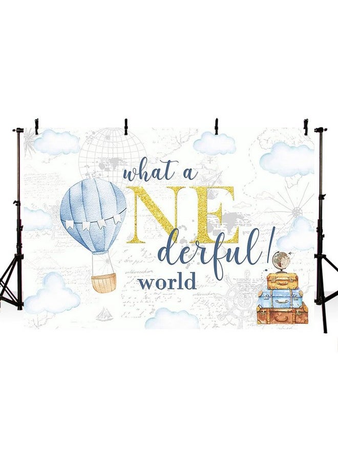 MEHOFOND 7X5Ft Adventure Happy Birthday Backdrop What A Onderful World Clouds Map Photography Backdground For Boys Happy 1St Birthday Party Banner Decorations Photo Booth Props  - Image 2