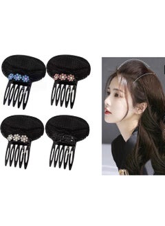 4PCS Rhinestone Flower Puff Hair Head Cushion Invisible Fluffy Hair Pad Sponge Clip Front Hair Base Comb Bun Bump Up Volume Hair Base Hair Bump Clip Increase Hair Pad For Women Girls Random Color