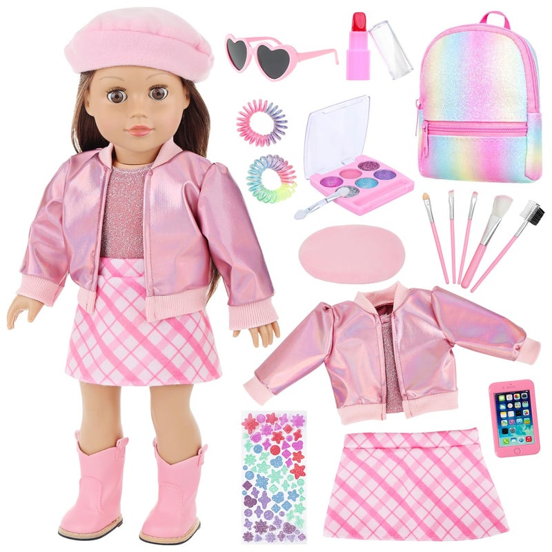 Ecore Fun 17 Pcs American 18 Inch Doll Accessories Cosmetic Set with Backpack Outfits Pretend Play Makeup Kit for 18 Dolls Includes Lipstick Eyeshadow Brushes Accessories Stylish Clothes - Image 2