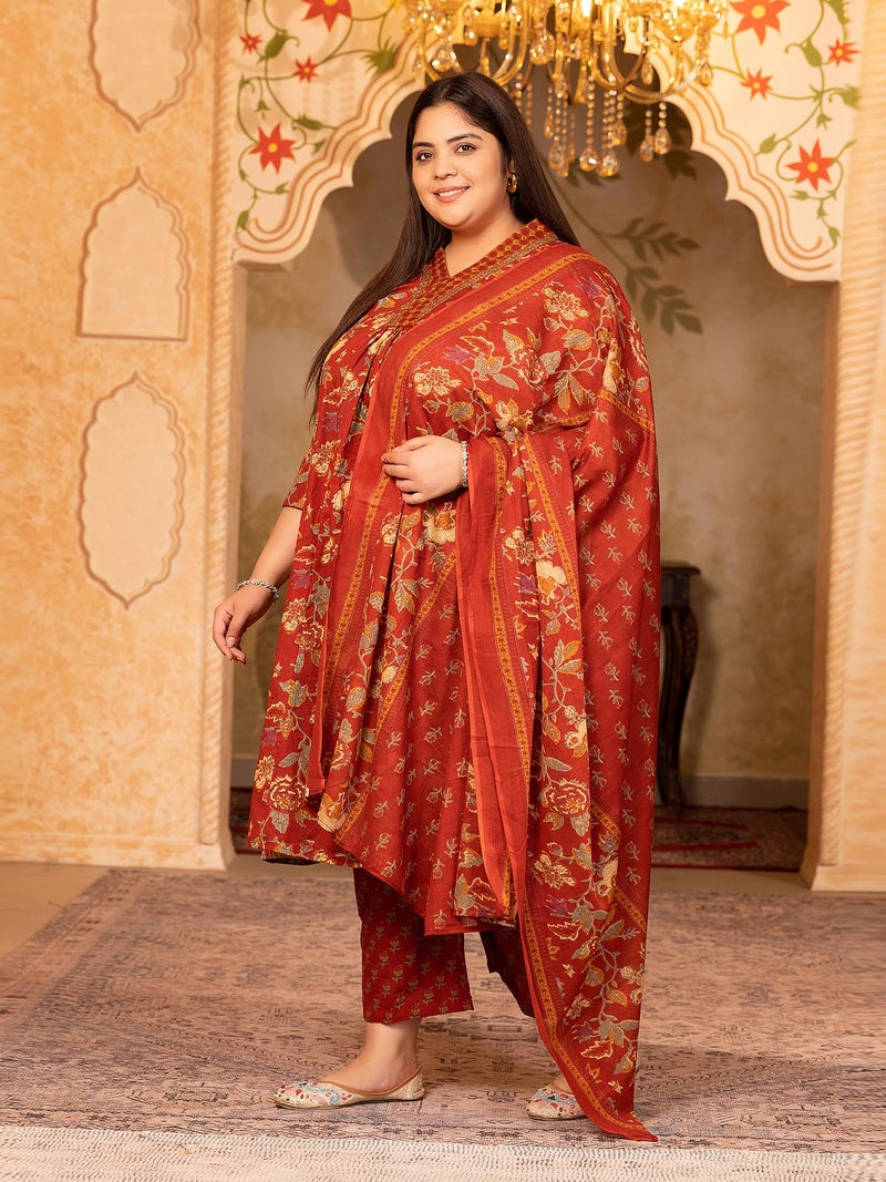 MEERA FAB Women's Cotton Blend V-Neck Plus Size Kurta Printed Kurta with Palazzo & Dupatta Set - Image 3