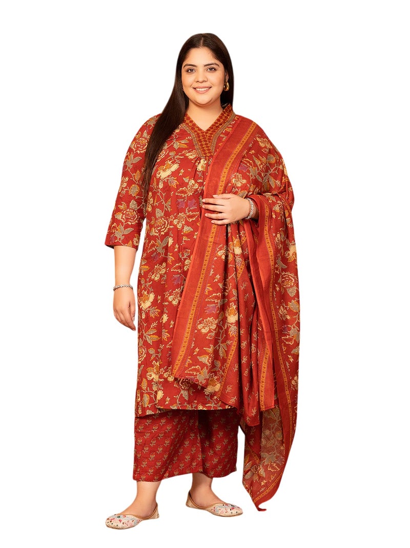 MEERA FAB Women's Cotton Blend V-Neck Plus Size Kurta Printed Kurta with Palazzo & Dupatta Set - Image 1