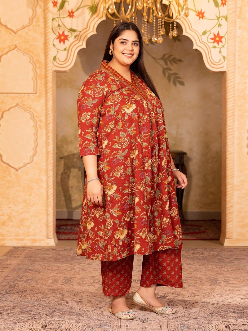MEERA FAB Women's Cotton Blend V-Neck Plus Size Kurta Printed Kurta with Palazzo & Dupatta Set - Image 4