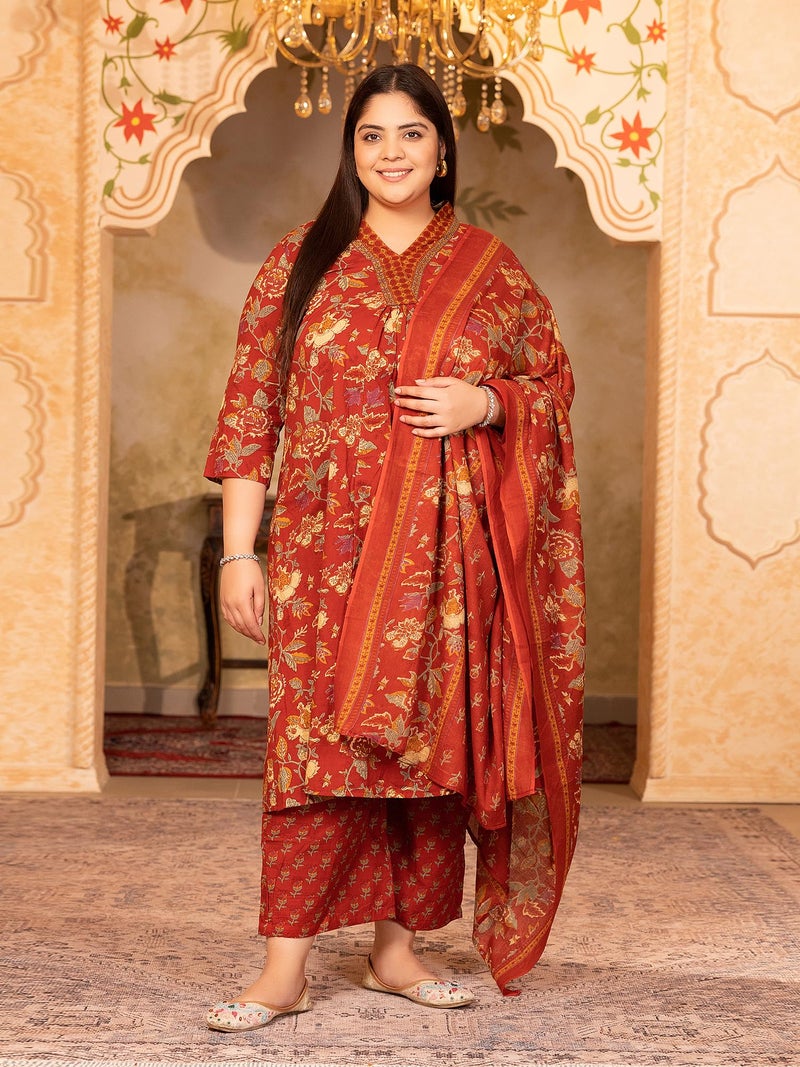 MEERA FAB Women's Cotton Blend V-Neck Plus Size Kurta Printed Kurta with Palazzo & Dupatta Set - Image 2
