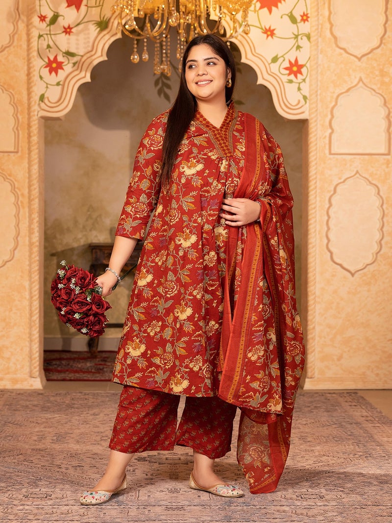 MEERA FAB Women's Cotton Blend V-Neck Plus Size Kurta Printed Kurta with Palazzo & Dupatta Set - Image 5