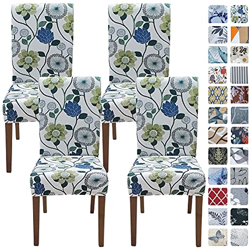SPRINGRICO White Chair Covers for Dining Room Set of 4, Stretch Floral Dining Chair Cover, Washable Spandex Kitchen Parsons Chair Slipcovers, Seat Protector for Home or Party (4 Pack, FLORAL3) - Image 1