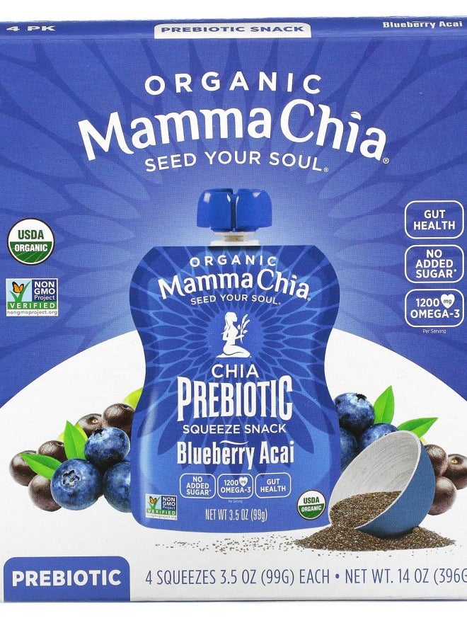 Mamma Chia Organic Chia Prebiotic Squeeze Blueberry Acai 4 Squeezes 3.5 oz (99 g) Each 