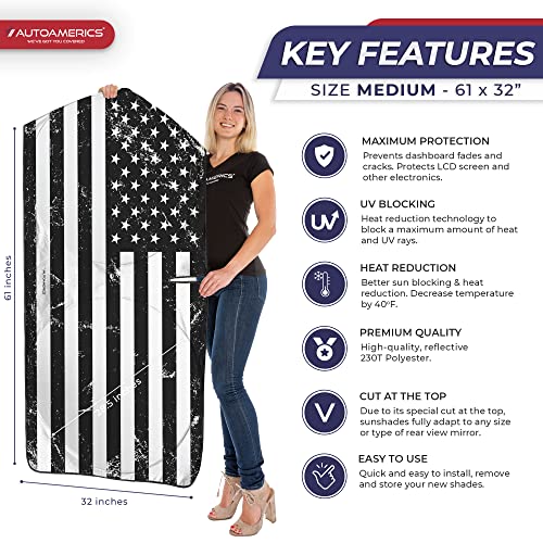 Autoamerics 1-Piece Windshield Sun Shade Grunge B&W American Flag USA Design - Foldable Car Front Window Sunshade for Most Sedans SUV Truck - Blocks Max UV Rays and Keeps Your Vehicle Cool - Medium - Image 2