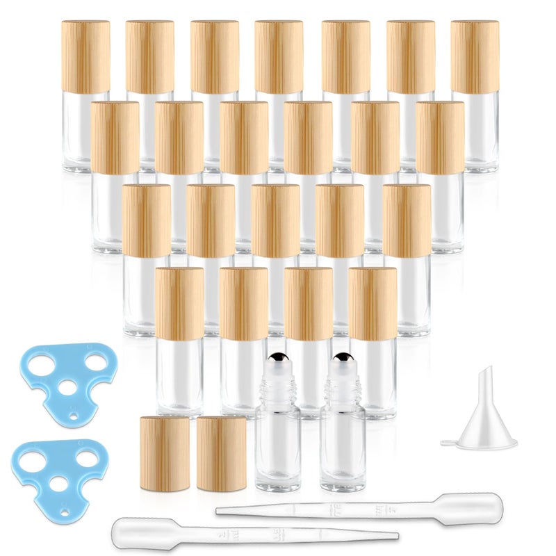 BOSMIOW 24 Pcs 5ml Clear Glass Essential Oil Rollerball Bottle with Wood LidEmpty Deodorant Sample VialsLeakproof Mini Perfume Containers with Stainless Steel Rollon Balls - Image 2