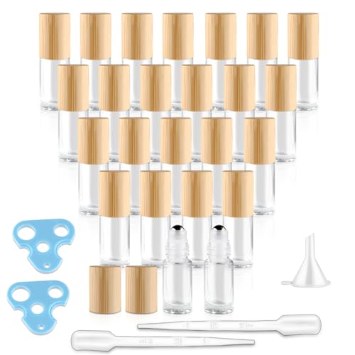 BOSMIOW 24 Pcs 5ml Clear Glass Essential Oil Rollerball Bottle with Wood LidEmpty Deodorant Sample VialsLeakproof Mini Perfume Containers with Stainless Steel Rollon Balls - Image 1