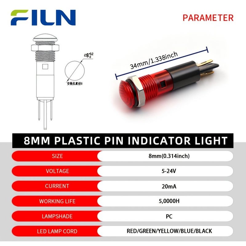 5pcs Red Plastic 8mm LED Indicator Light 5V 12V 24V Warning Panel - Image 2