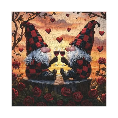 Larkipuzz Valentine Love Gnome Puzzles for Adults 1000 Pieces Cute Art Rose Flower Heart Jigsaw Puzzles Beautiful Red Floral Sunset Scenic Dwarf Puzzle - Image 5