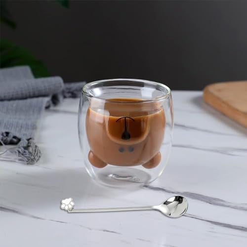 Binoster Cute Mugs Double Wall Glass Coffee Glass Cup Kawaii Bear Tea Milk Cup Funny Mug Animal Mug Aesthetic Cup for Office and Personal Birthday Gift (Happy bear) - Image 4