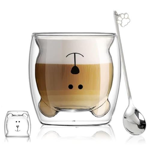Binoster Cute Mugs Double Wall Glass Coffee Glass Cup Kawaii Bear Tea Milk Cup Funny Mug Animal Mug Aesthetic Cup for Office and Personal Birthday Gift (Happy bear) - Image 1