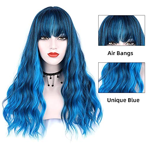 ENTRANCED STYLES Blue Wig with Bangs Long Wavy Blue Wig with Air Bangs Synthetic Wigs for Women Curly Wigs for Daily Party Cosplay (24 inch) - Image 2