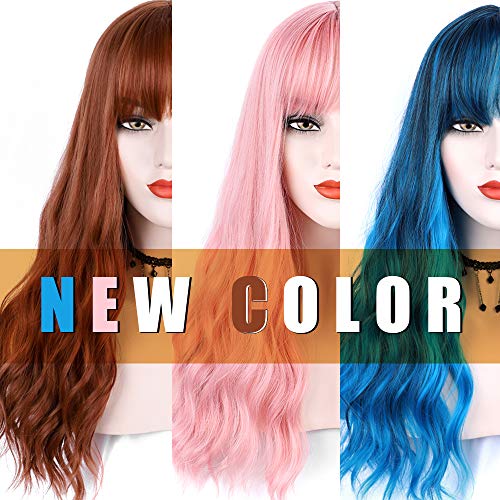 ENTRANCED STYLES Blue Wig with Bangs Long Wavy Blue Wig with Air Bangs Synthetic Wigs for Women Curly Wigs for Daily Party Cosplay (24 inch) - Image 3