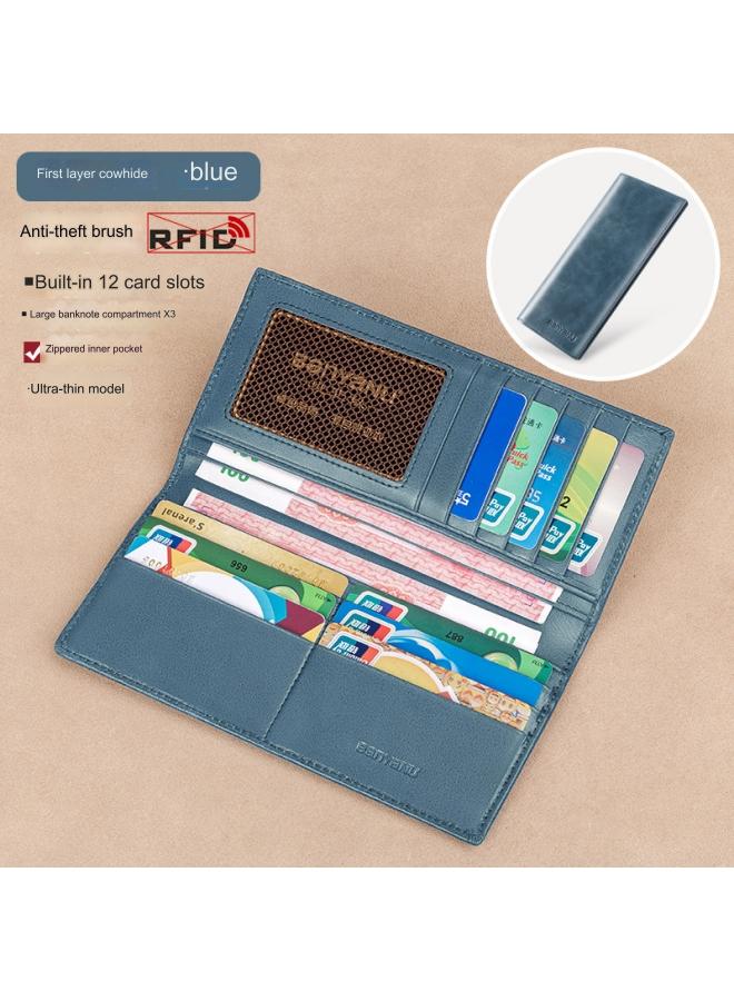 بانيانو محفظة رجالية طويلة من الجلد الطبيعي رفيعة للغاية مضادة للسرقة مع سحاب محفظة من جلد البقر زرقاء رفيعة (فرشاة مضادة للسرقة) - Image 1