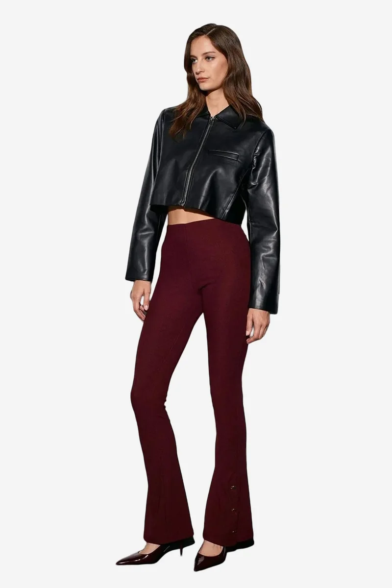 Dilvin Burgundy Red DILVIN High-Waist Flare Leggings with Button Detail for Women | Best Price UAE
