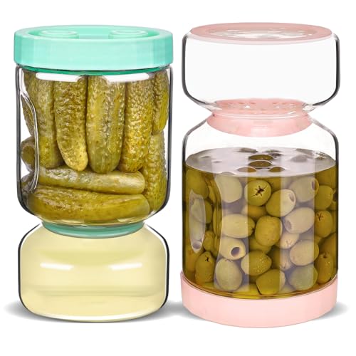 ZENS Glass Pickle Jar with Strainer Flip, 2 Pack Pickle Container Olive Hourglass Jars, Airtight Pickle Juice Separator from Wet and Dry, Pickles Storage Jar 51oz - Image 1