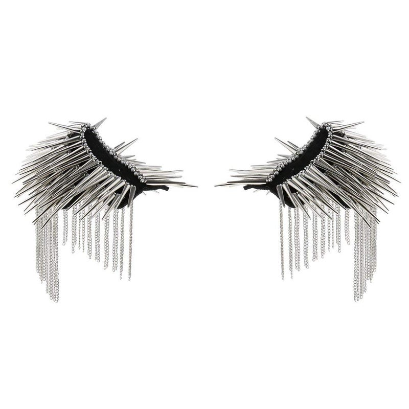 KODORIA 1 Pair Shoulder Epaulet Crystal Rhinestone Punk Rivet Tassels Shoulder Board Arm Badge Brooch Gifts - Silver - Image 1