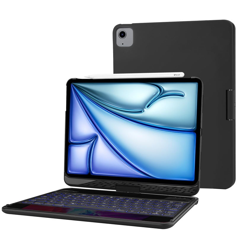 ProCase 360Â° Swivel Keyboard Case for iPad Air 11" (M3/M2) 2025/2024/Air 5th/4th 10.9" 2022 2020/ iPad Pro 11" 2022 2021 2020 2018, Wireless Keyboard with 7 Colors Backlit, Auto Sleep/Wake -Black - Image 1